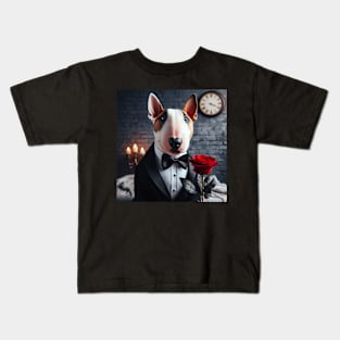 Bull terrier dog in formal tuxedo with rose and candlelight Kids T-Shirt